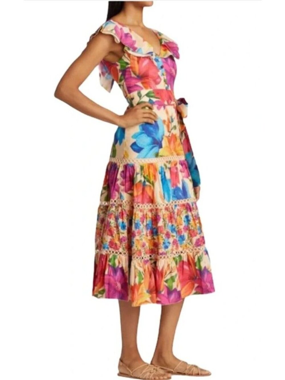 New Farm Rio Mary’s Garden Frilled Top Midi Dress Size XS Colorful Floral - Picture 2 of 9